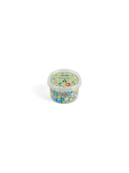 Gennemsigtig plastbeholder med grønne og blå perler til børn